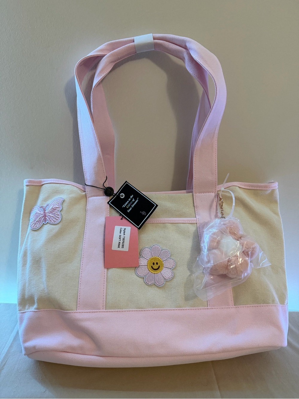 Pink & Cream Floral Canvas Tote Bag